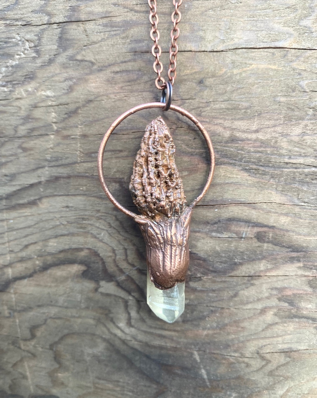 Morel Mushroom and Quartz Copper Electroformed Necklace