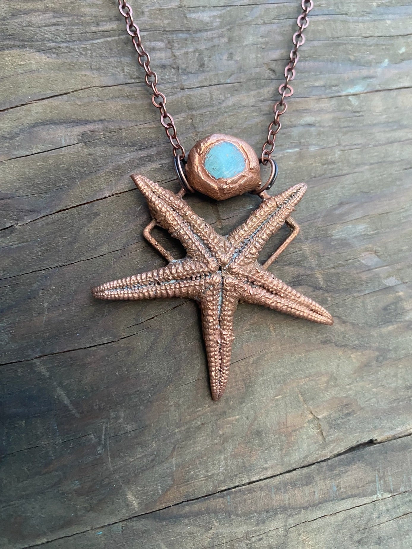 Starfish with Aquamarine Copper Electroformed Necklace