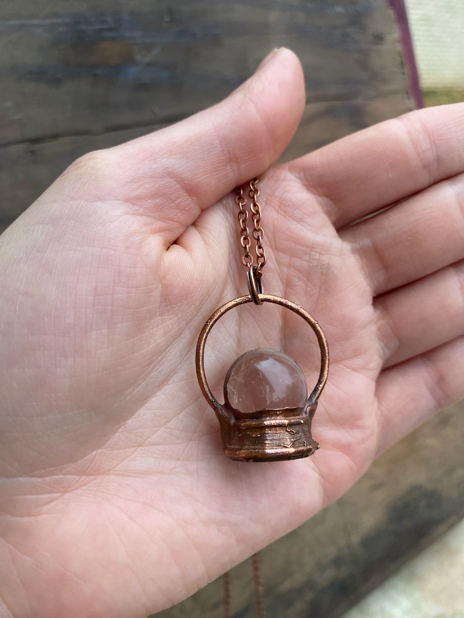 Quartz Crystal Ball Copper Electroformed Necklace