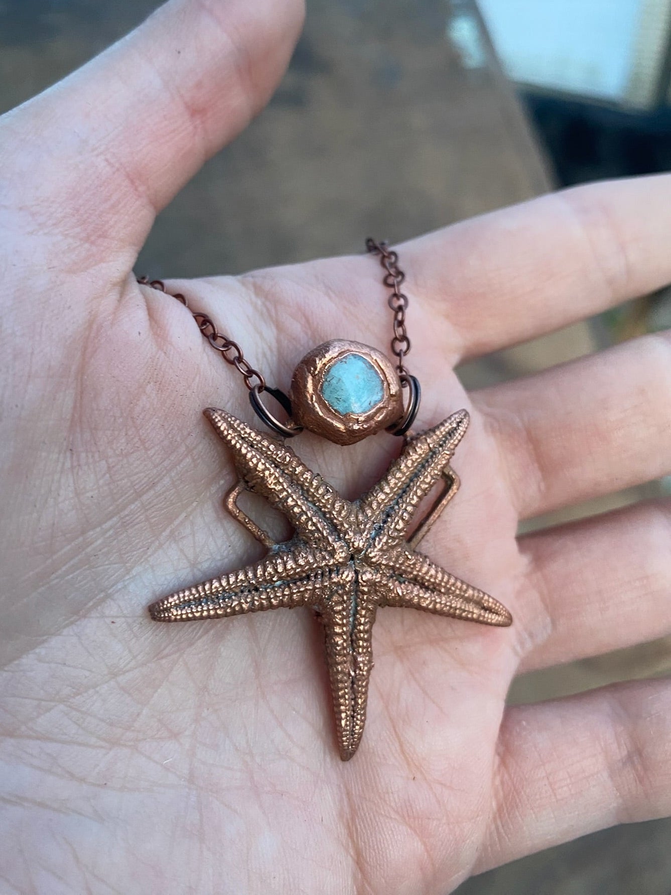 Starfish with Aquamarine Copper Electroformed Necklace