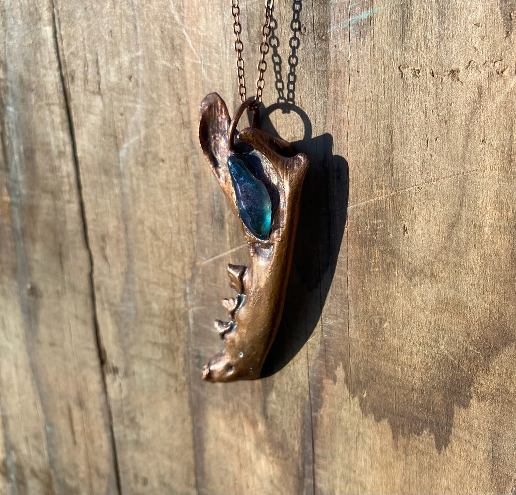 Raccoon Jaw Bone with Aura Quartz Copper Electroformed Necklace