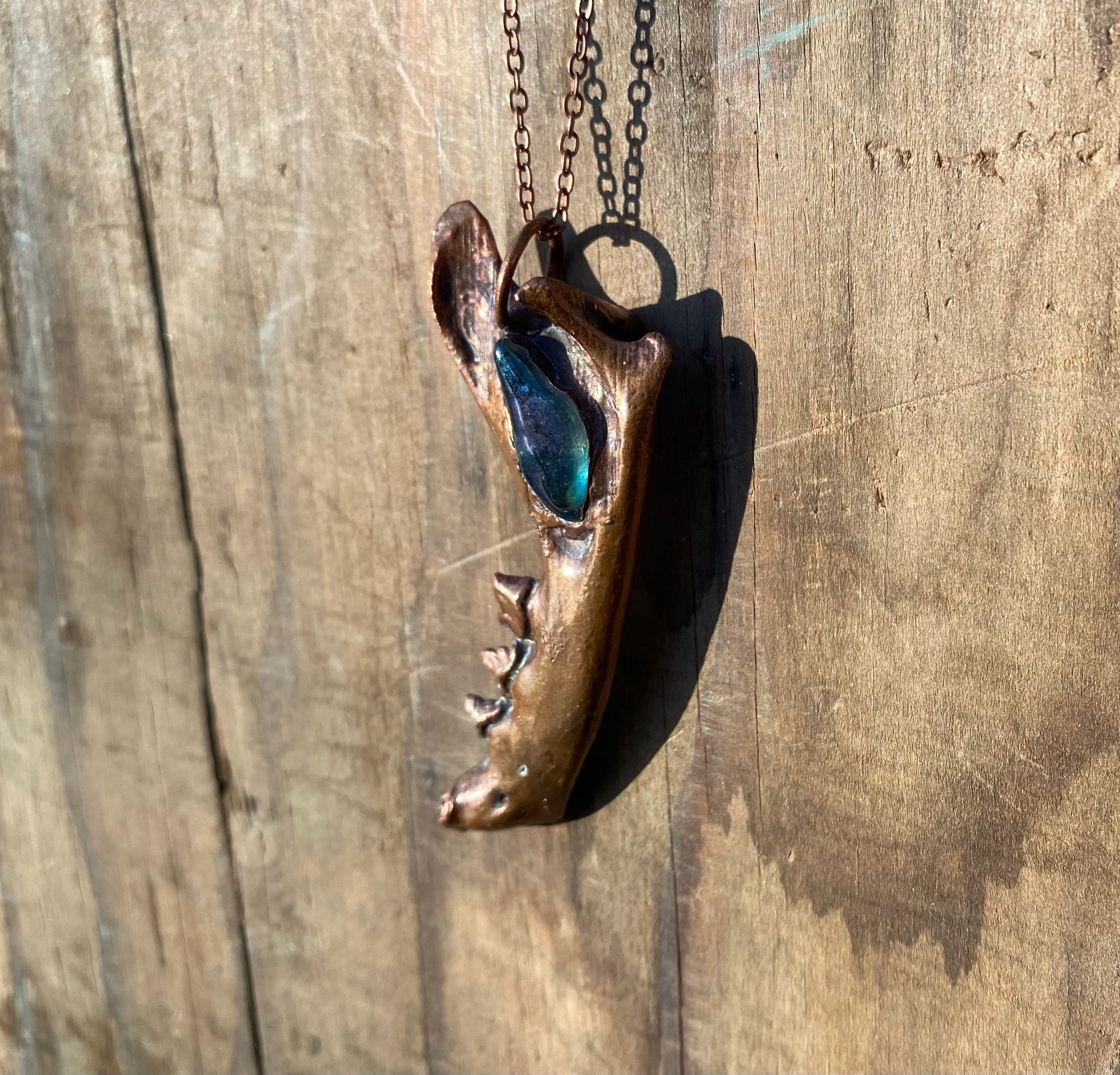 Raccoon Jaw Bone with Aura Quartz Copper Electroformed Necklace
