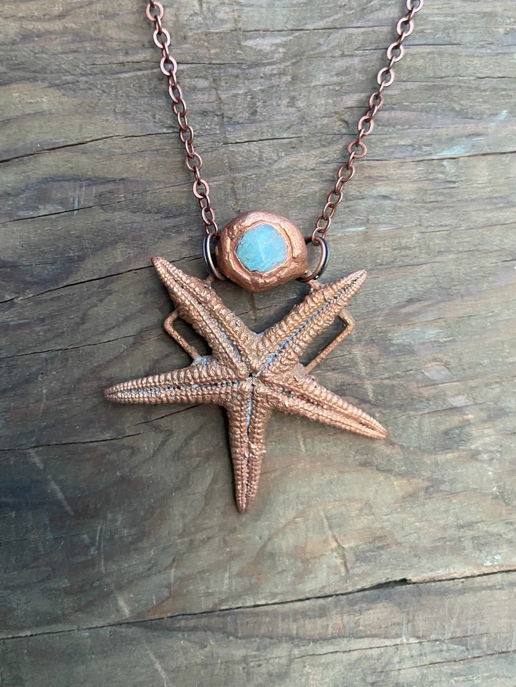 Starfish with Aquamarine Copper Electroformed Necklace