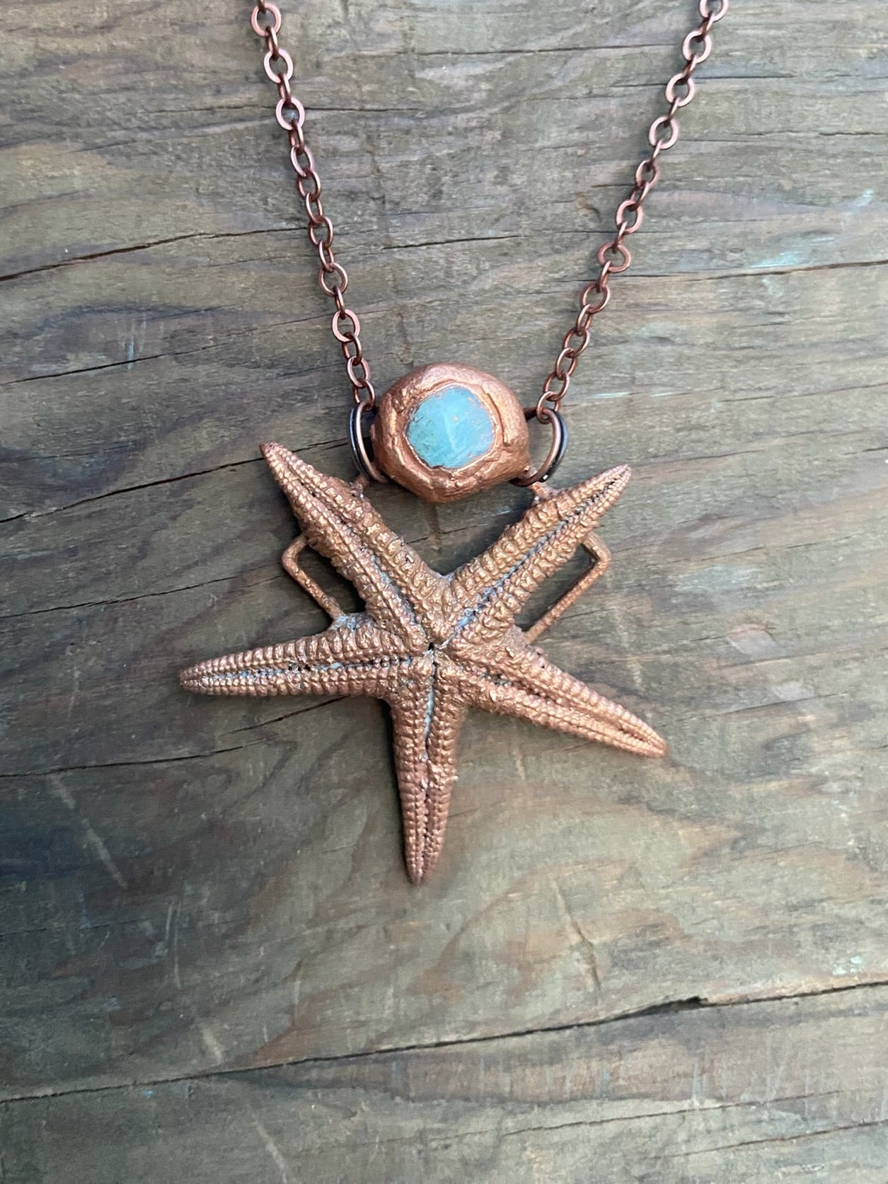 Starfish with Aquamarine Copper Electroformed Necklace