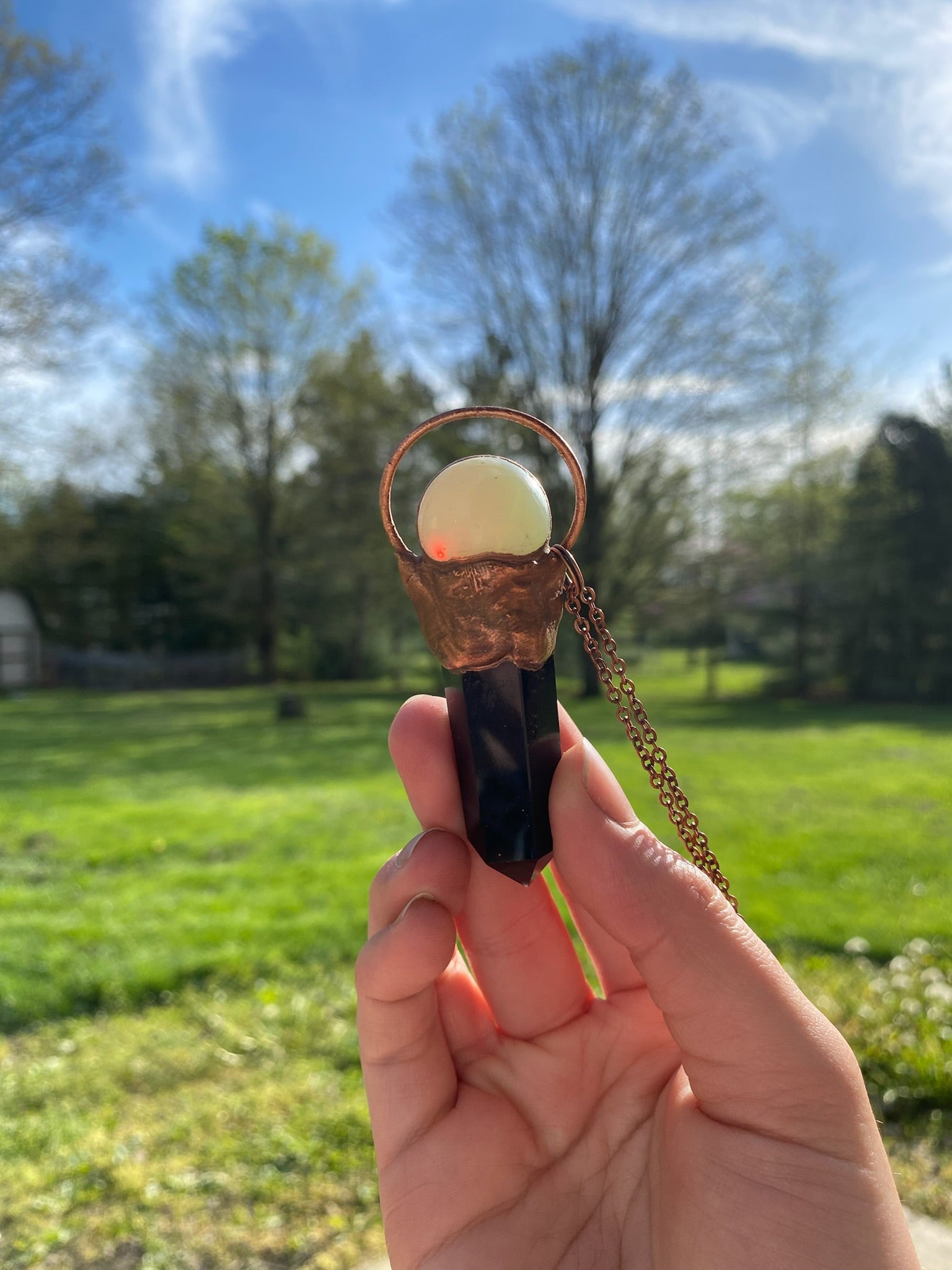 Opalite Crystal Ball and Obsidian Copper Electroformed Necklace