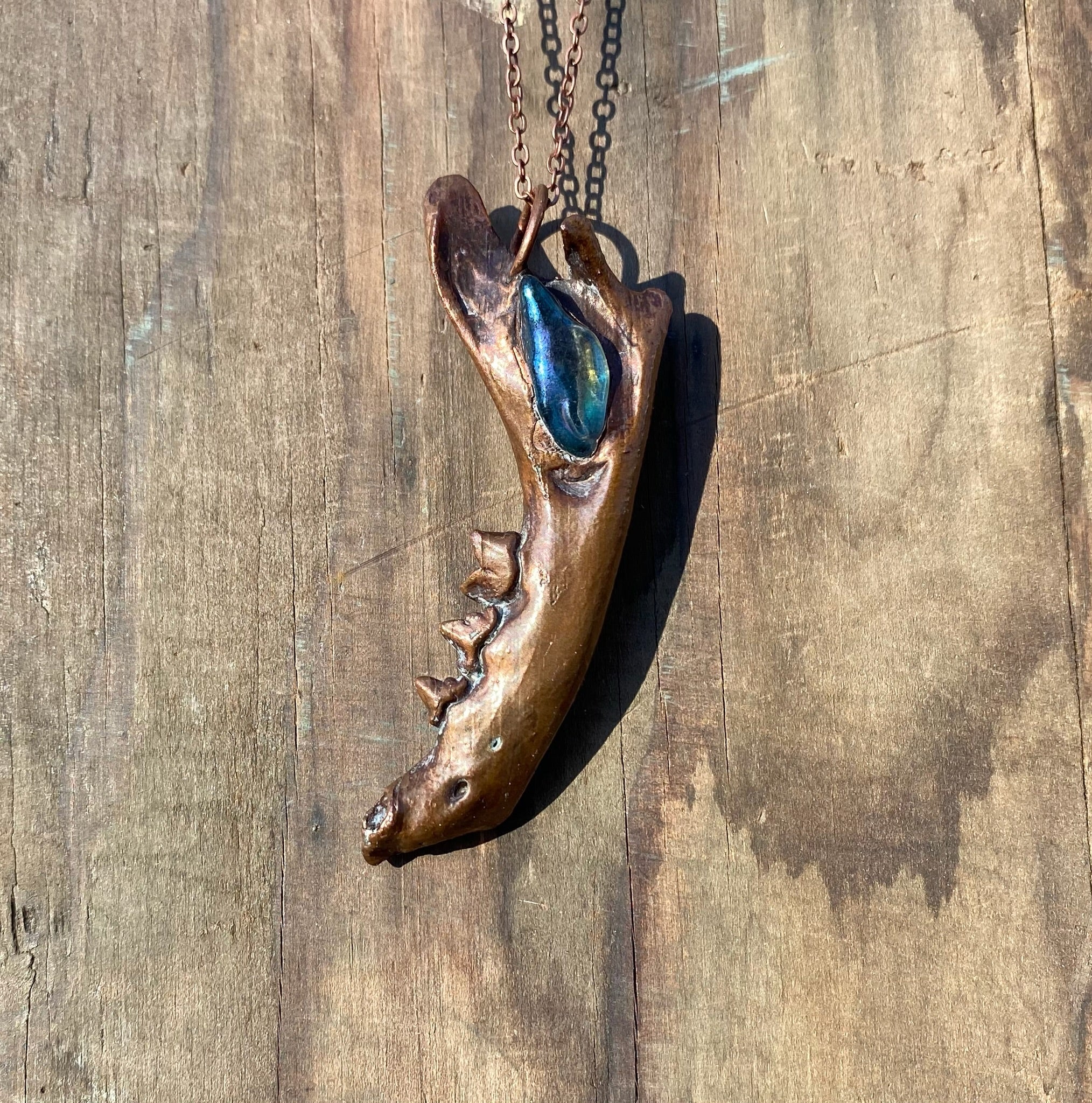 Raccoon Jaw Bone with Aura Quartz Copper Electroformed Necklace