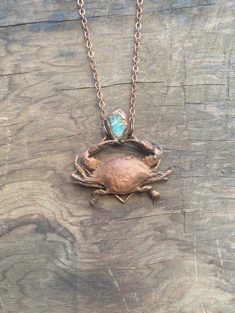 Crab and Aquamarine Copper Electroformed Necklace