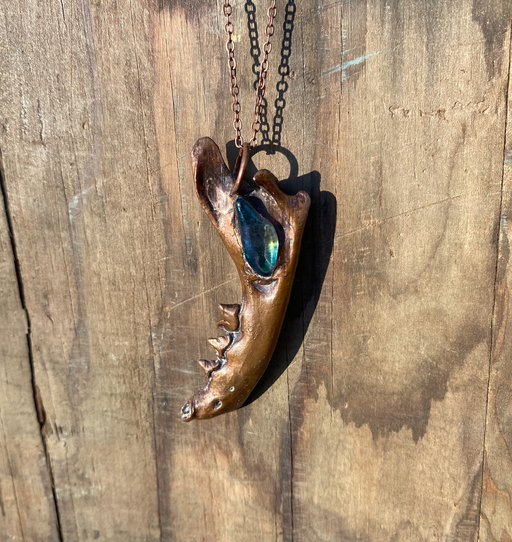 Raccoon Jaw Bone with Aura Quartz Copper Electroformed Necklace