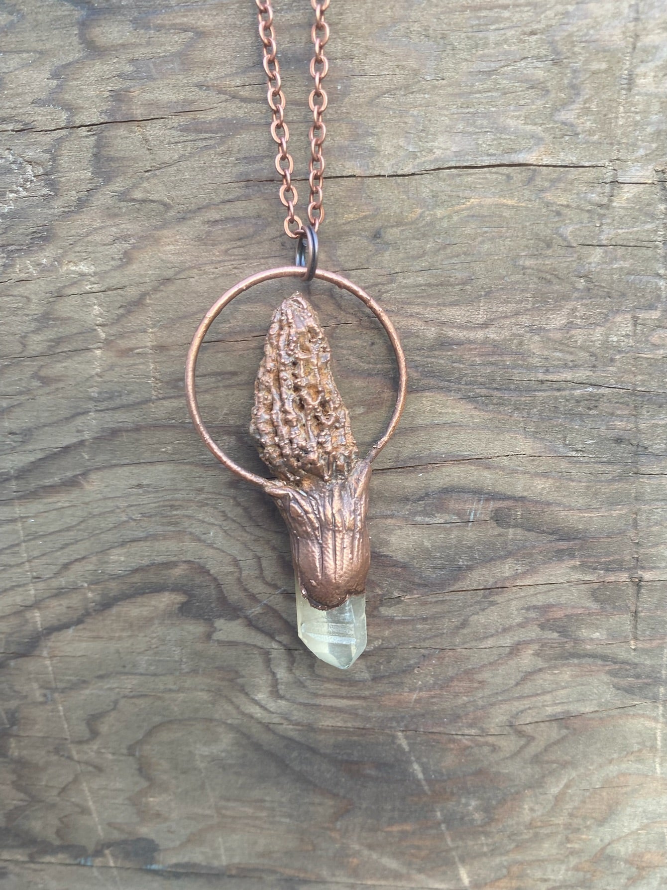 Morel Mushroom and Quartz Copper Electroformed Necklace