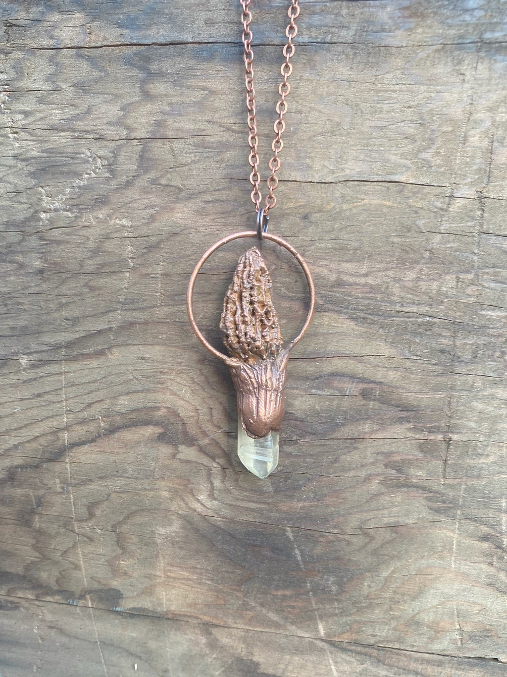 Morel Mushroom and Quartz Copper Electroformed Necklace