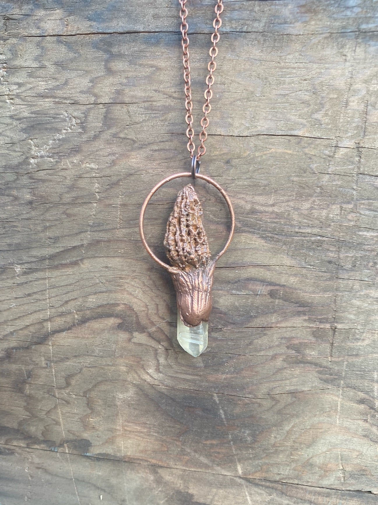 Morel Mushroom and Quartz Copper Electroformed Necklace