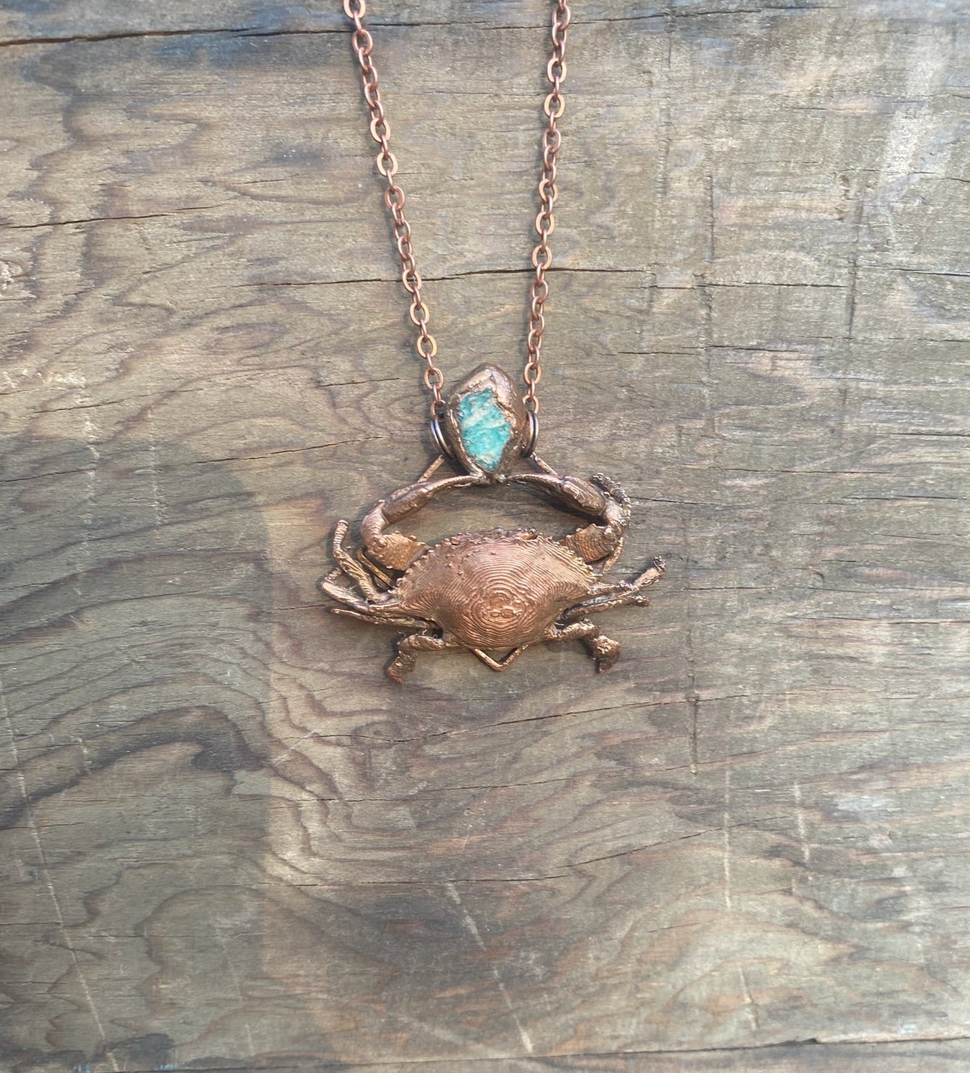 Crab and Aquamarine Copper Electroformed Necklace