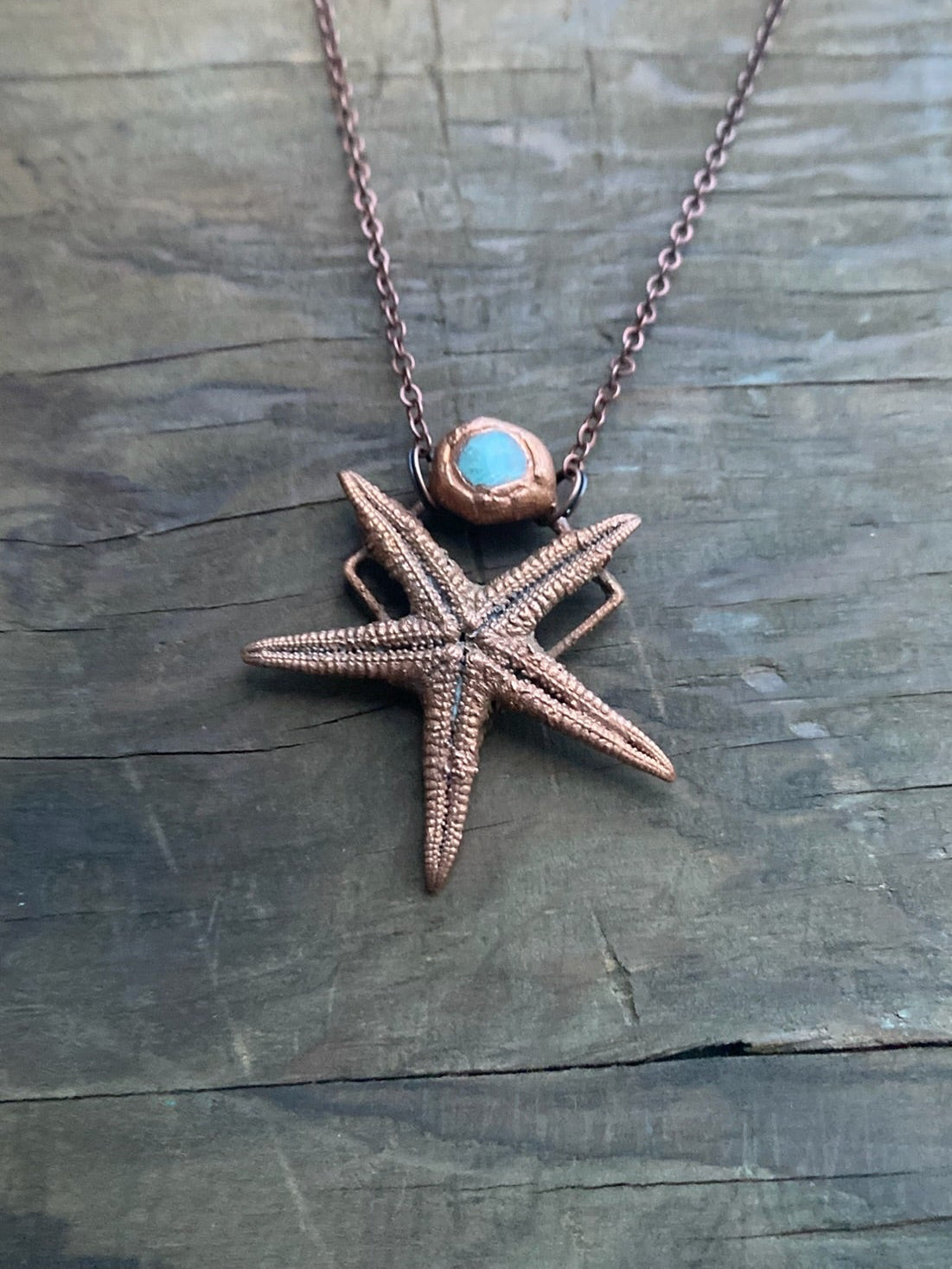 Starfish with Aquamarine Copper Electroformed Necklace