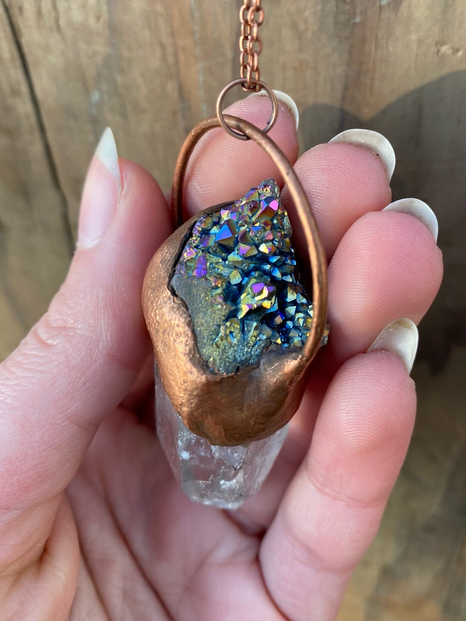 Quartz and Rainbow Aura Quartz Copper Electroformed Necklace