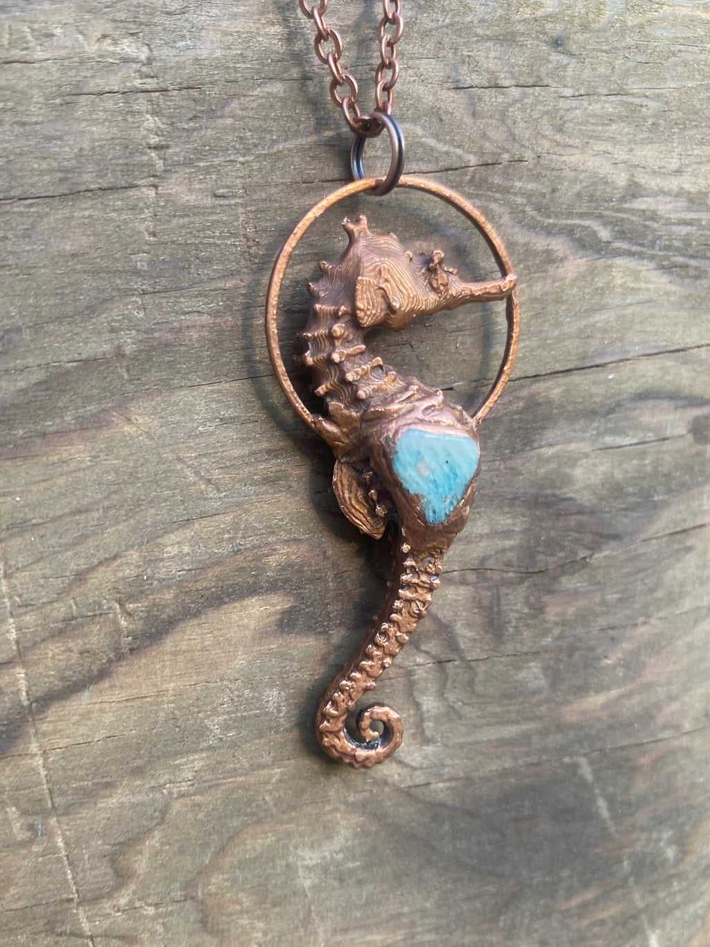 Seahorse and Aquamarine Copper Electroformed Necklace