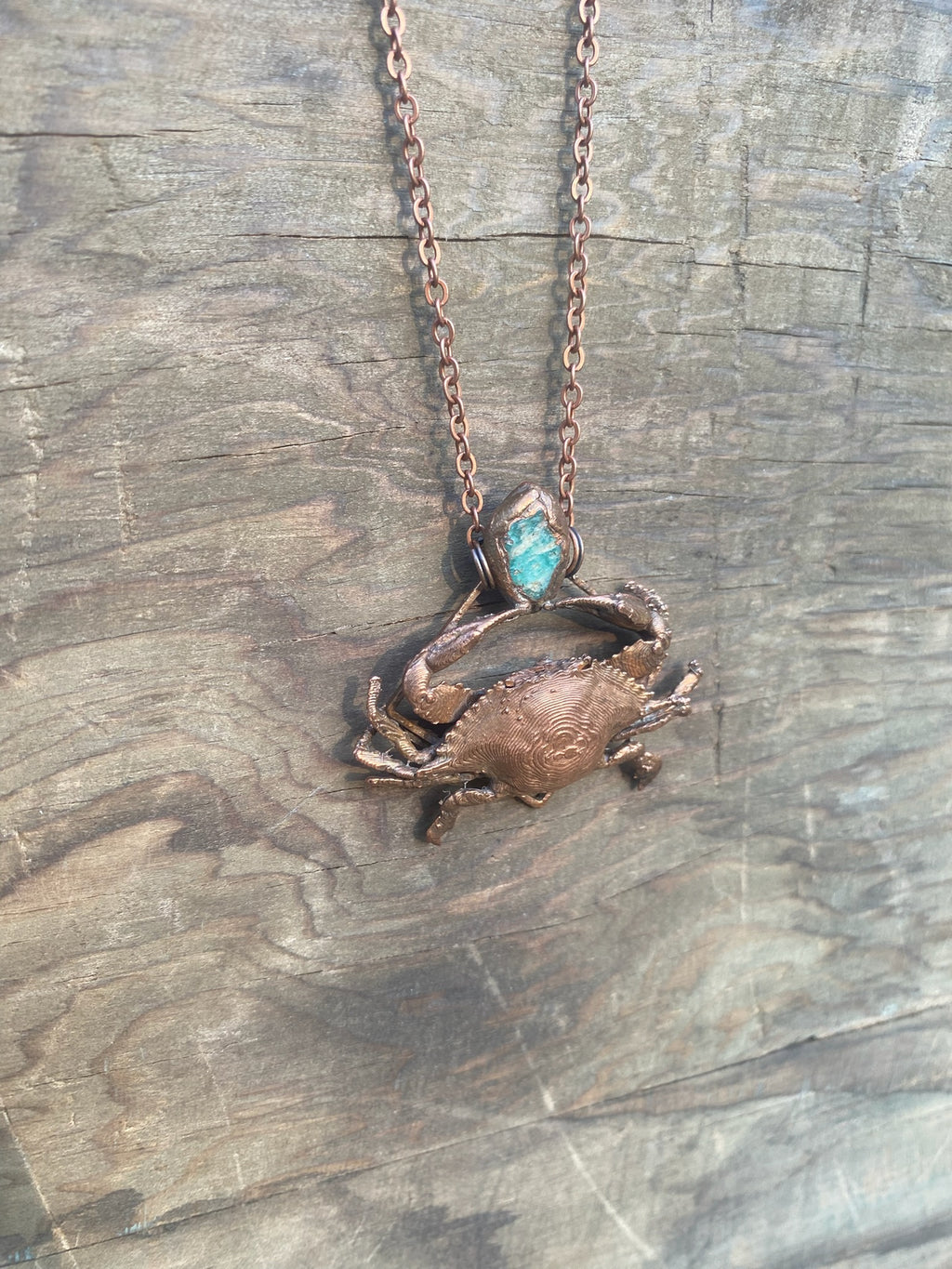 Crab and Aquamarine Copper Electroformed Necklace