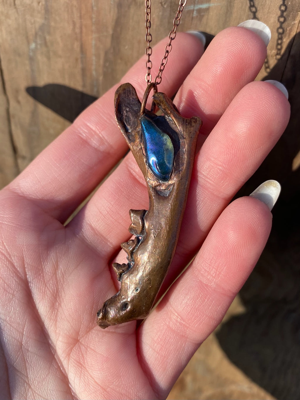 Raccoon Jaw Bone with Aura Quartz Copper Electroformed Necklace