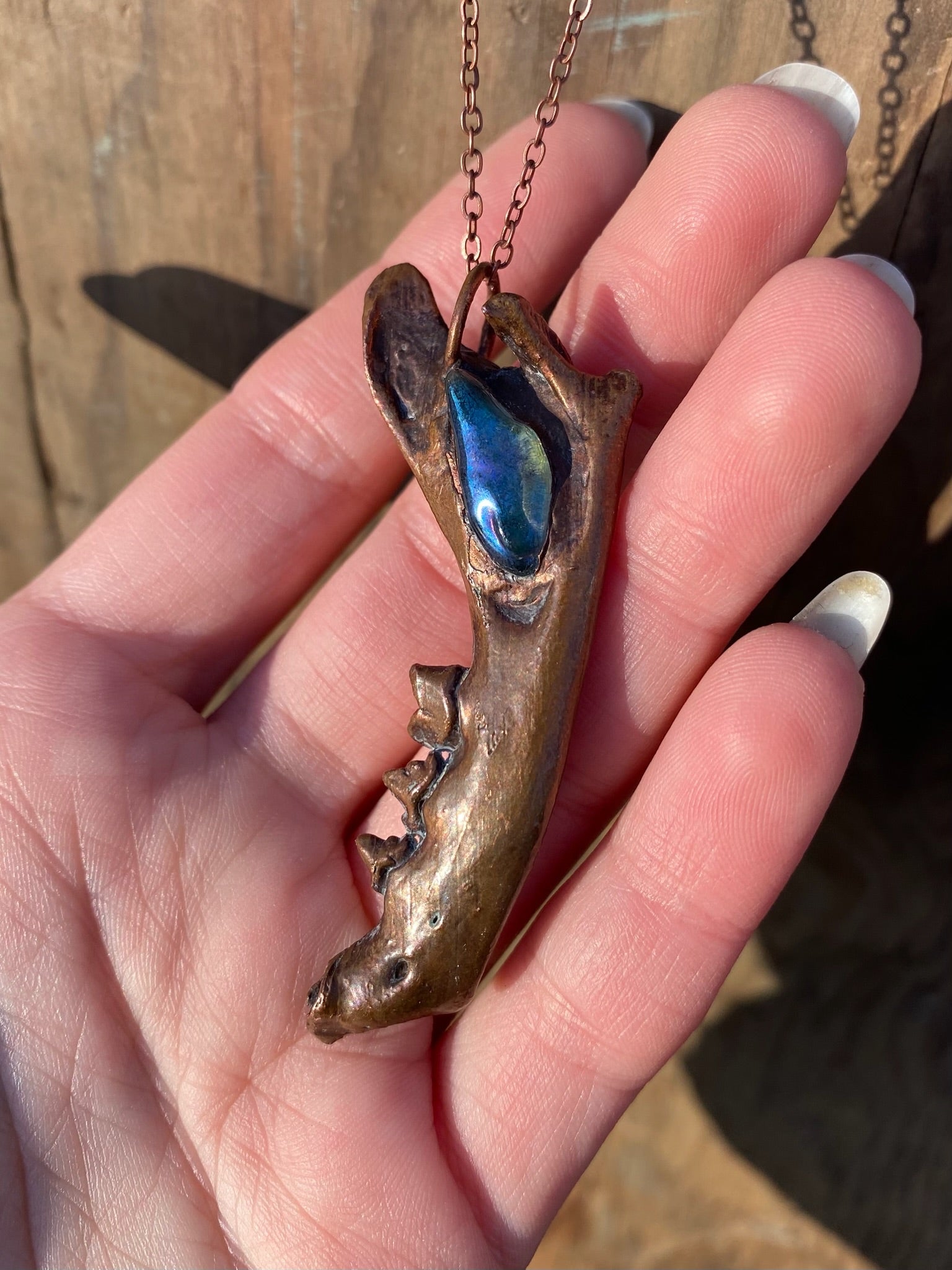 Raccoon Jaw Bone with Aura Quartz Copper Electroformed Necklace