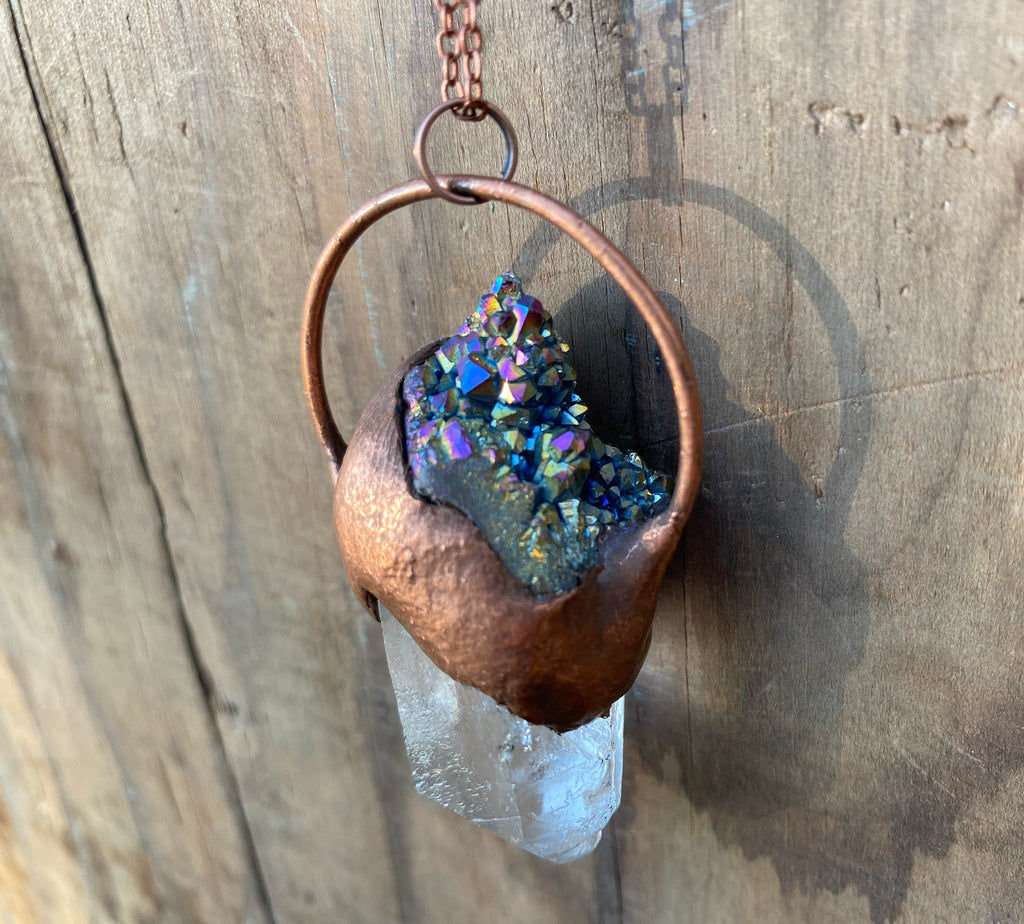Quartz and Rainbow Aura Quartz Copper Electroformed Necklace