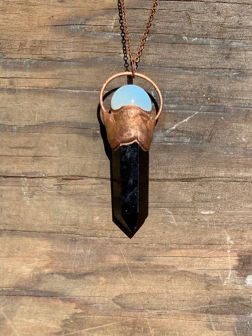 Opalite Crystal Ball and Obsidian Copper Electroformed Necklace
