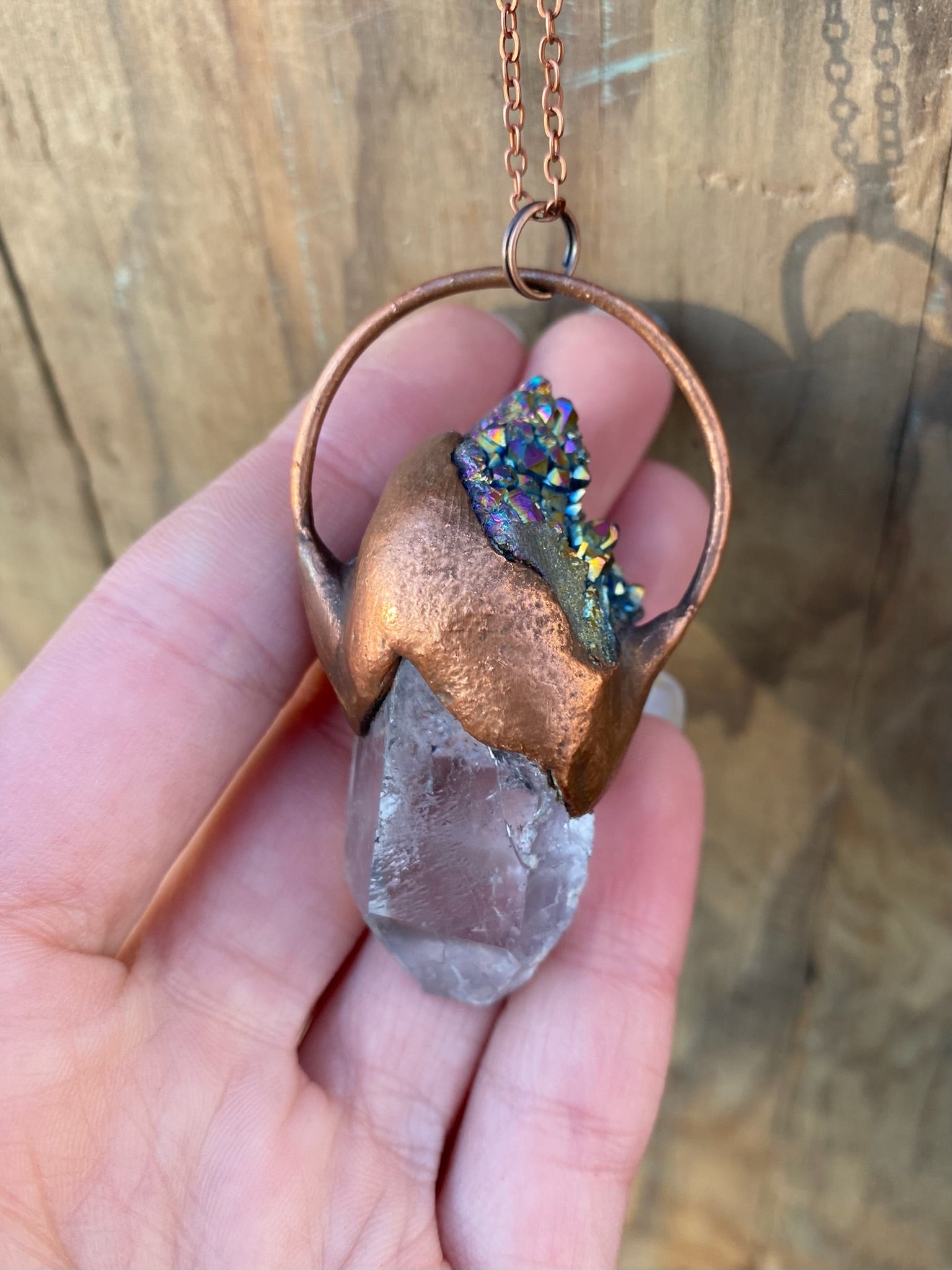 Quartz and Rainbow Aura Quartz Copper Electroformed Necklace