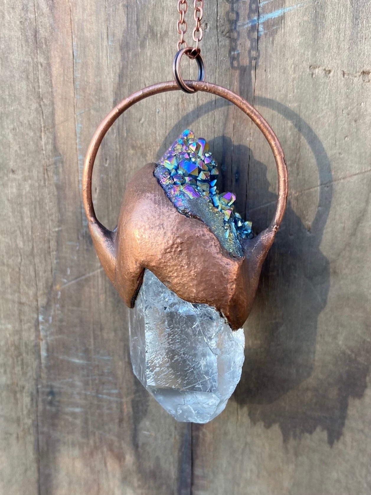 Quartz and Rainbow Aura Quartz Copper Electroformed Necklace