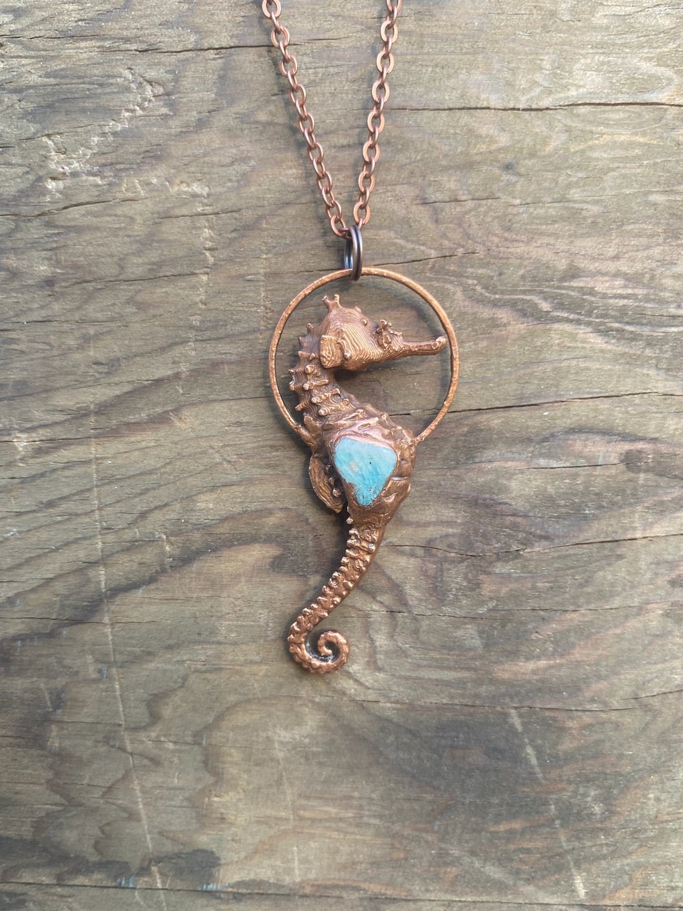Seahorse and Aquamarine Copper Electroformed Necklace