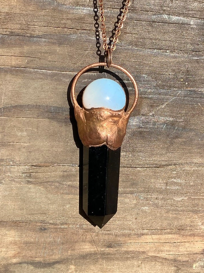 Opalite Crystal Ball and Obsidian Copper Electroformed Necklace