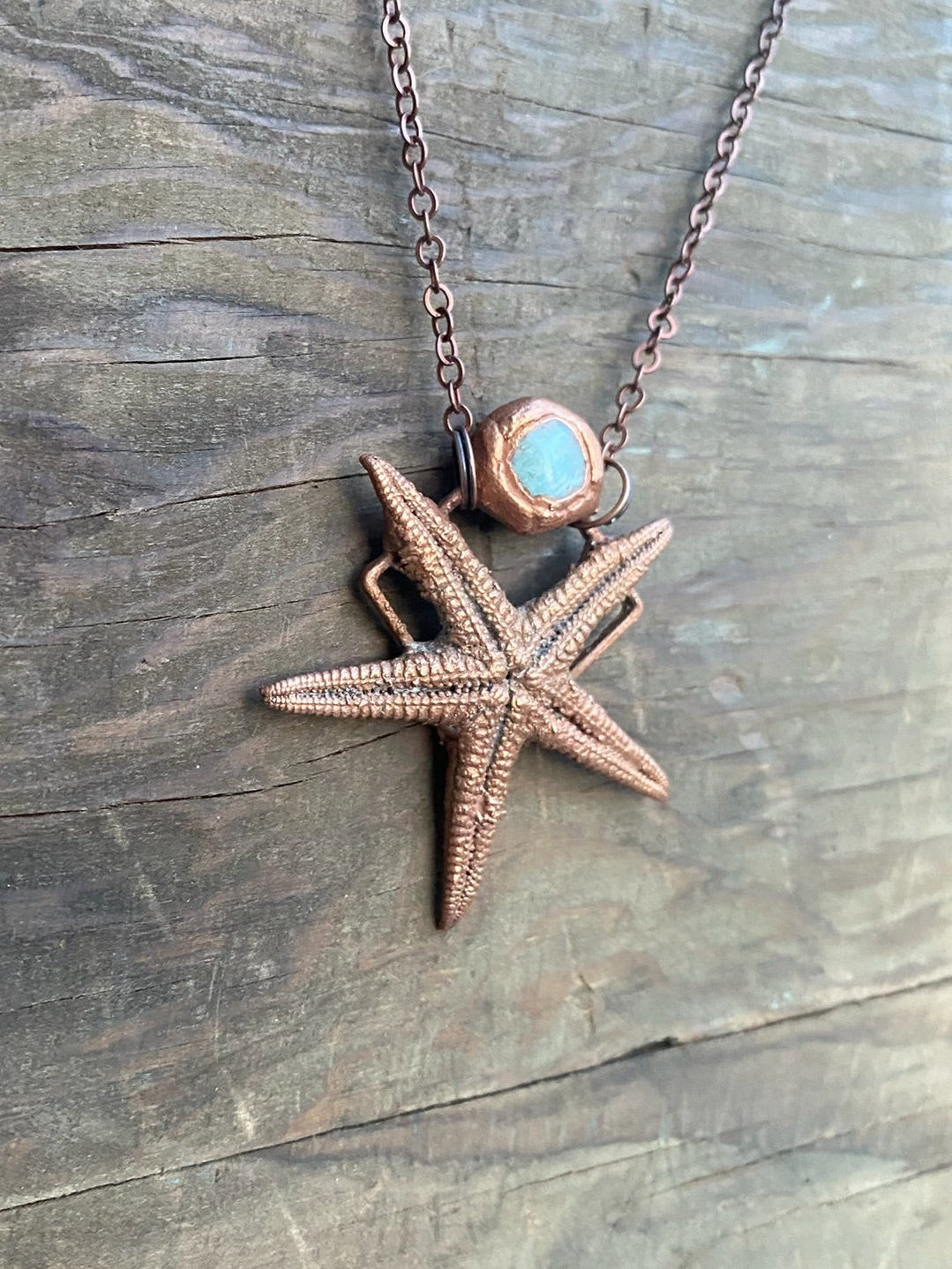Starfish with Aquamarine Copper Electroformed Necklace