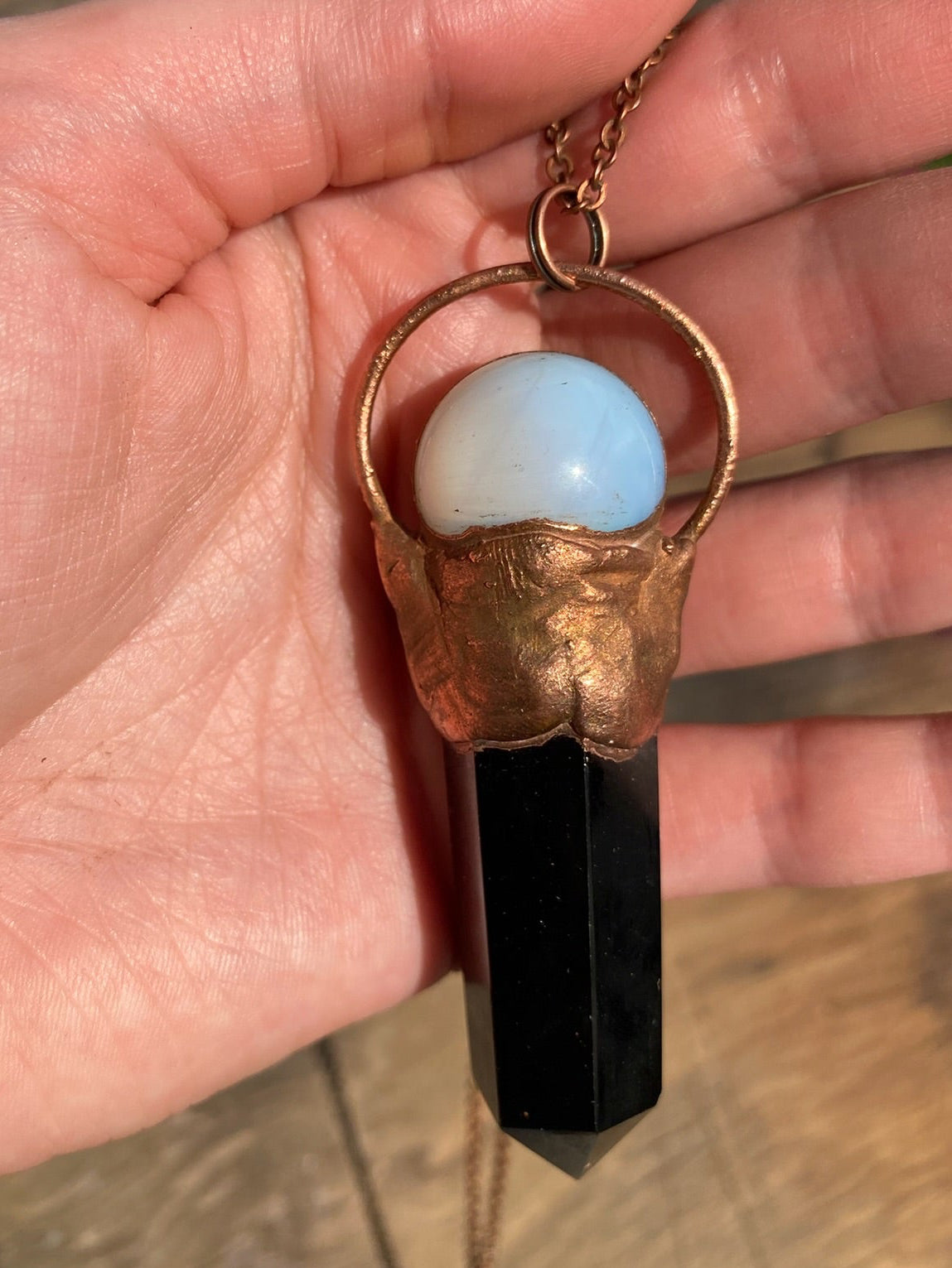 Opalite Crystal Ball and Obsidian Copper Electroformed Necklace