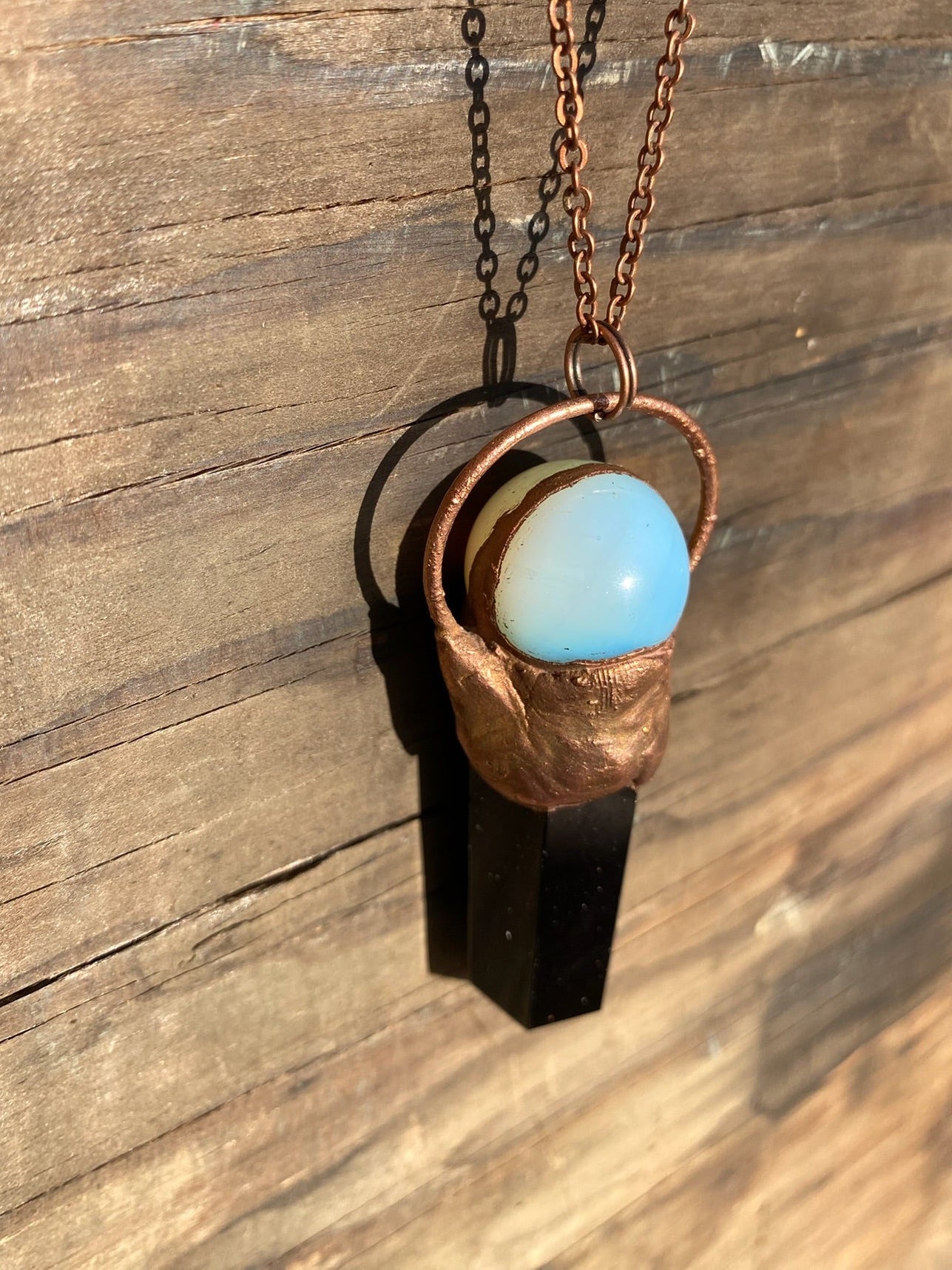 Opalite Crystal Ball and Obsidian Copper Electroformed Necklace
