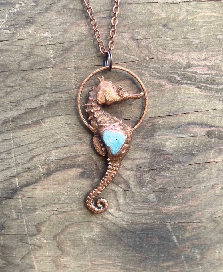 Seahorse and Aquamarine Copper Electroformed Necklace