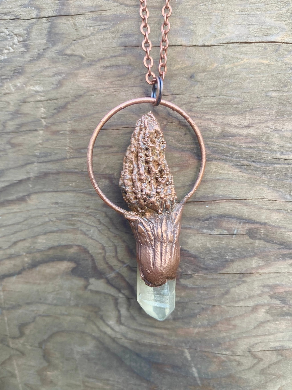 Morel Mushroom and Quartz Copper Electroformed Necklace