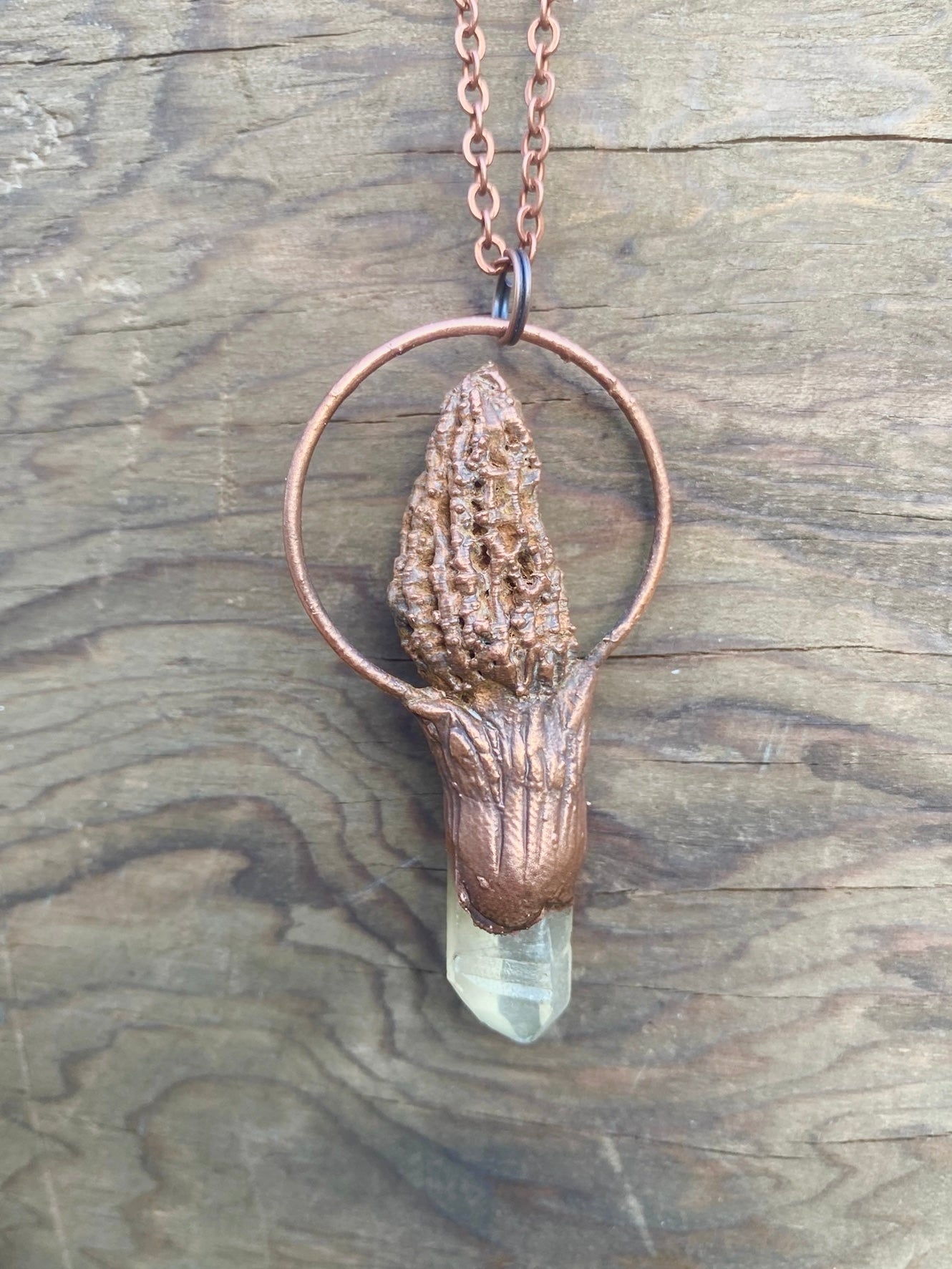 Morel Mushroom and Quartz Copper Electroformed Necklace