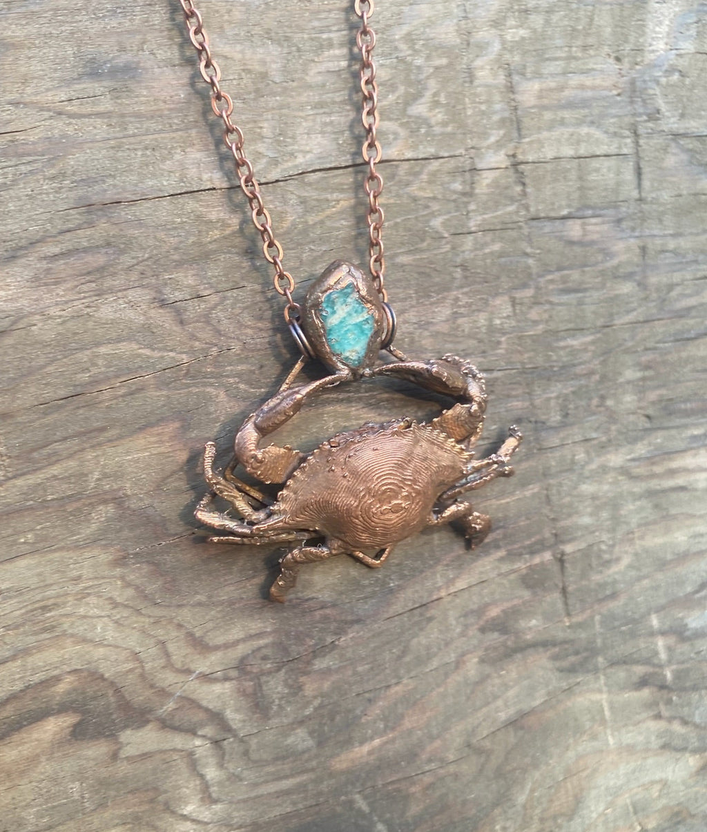 Crab and Aquamarine Copper Electroformed Necklace