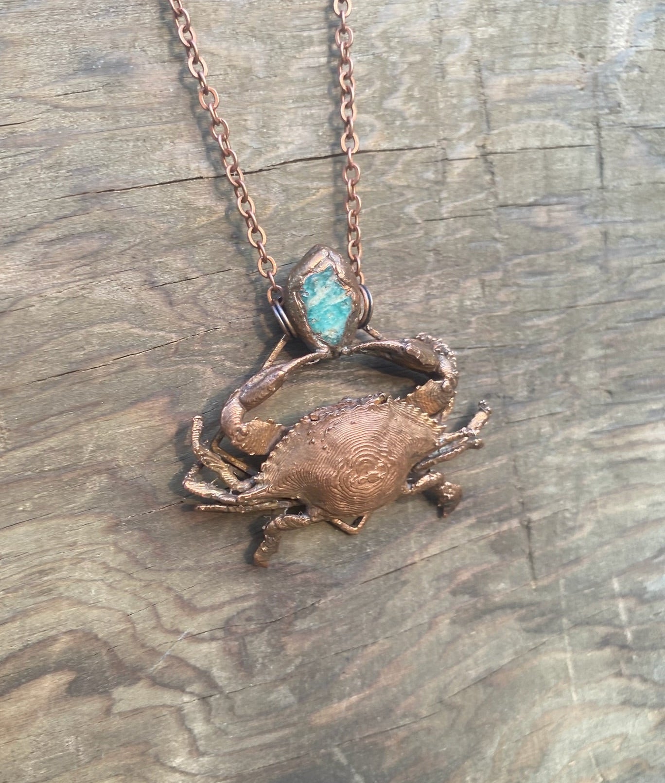 Crab and Aquamarine Copper Electroformed Necklace