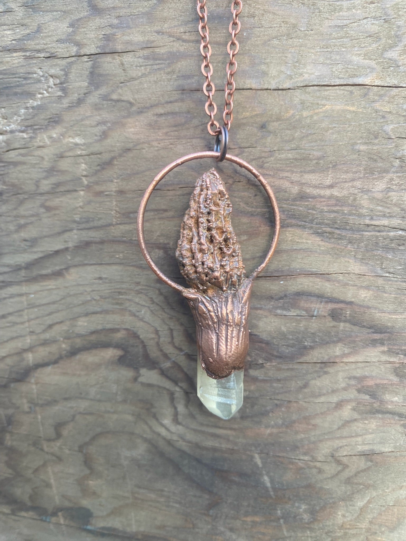 Morel Mushroom and Quartz Copper Electroformed Necklace