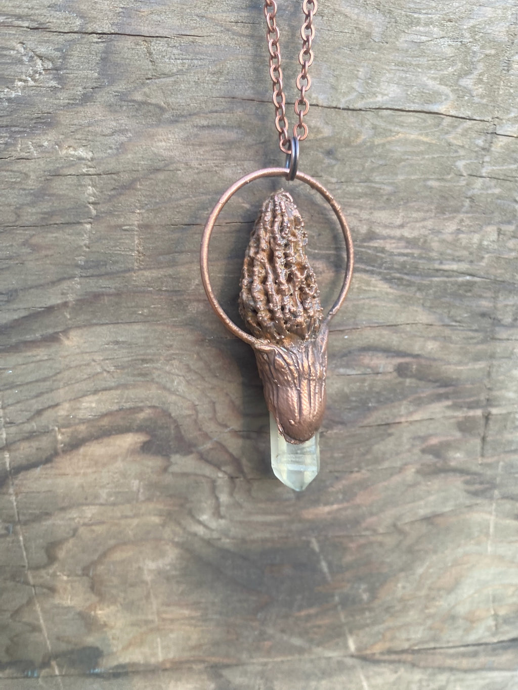 Morel Mushroom and Quartz Copper Electroformed Necklace