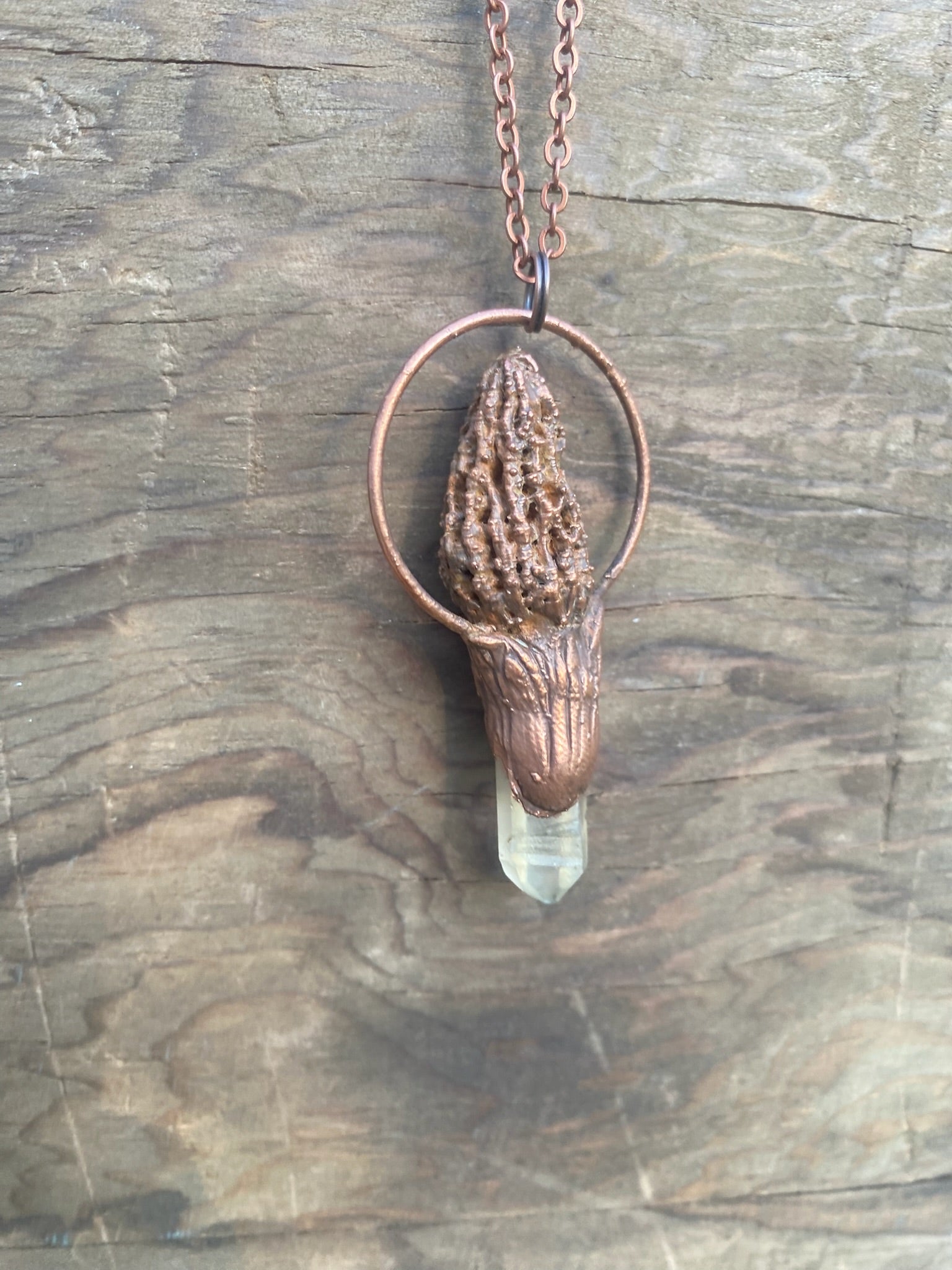 Morel Mushroom and Quartz Copper Electroformed Necklace