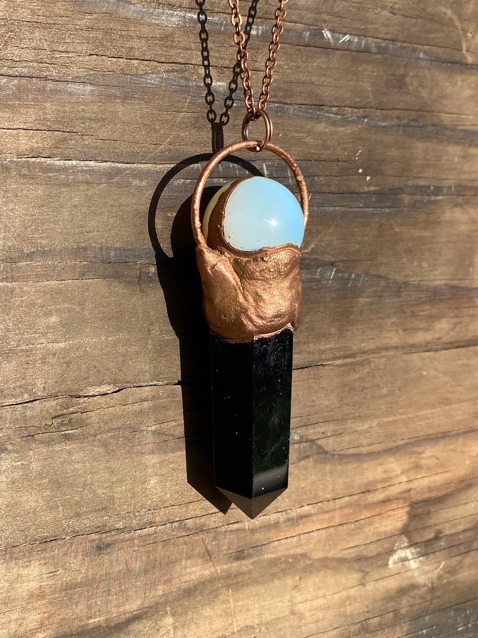 Opalite Crystal Ball and Obsidian Copper Electroformed Necklace