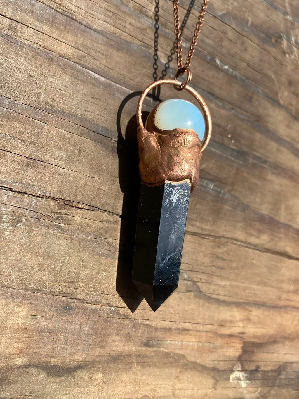 Opalite Crystal Ball and Obsidian Copper Electroformed Necklace