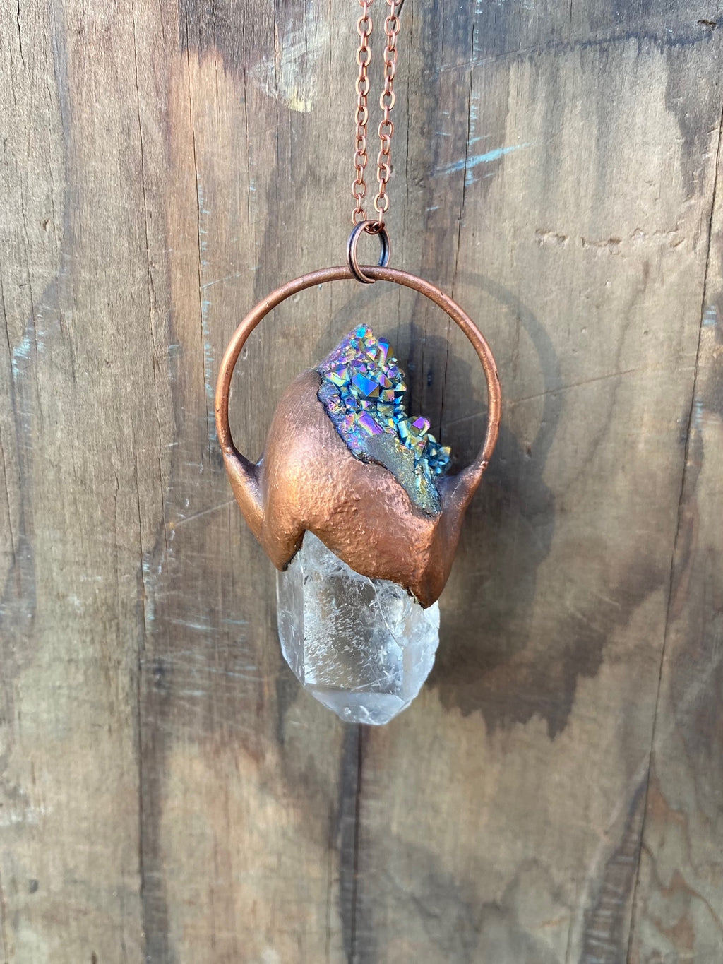 Quartz and Rainbow Aura Quartz Copper Electroformed Necklace