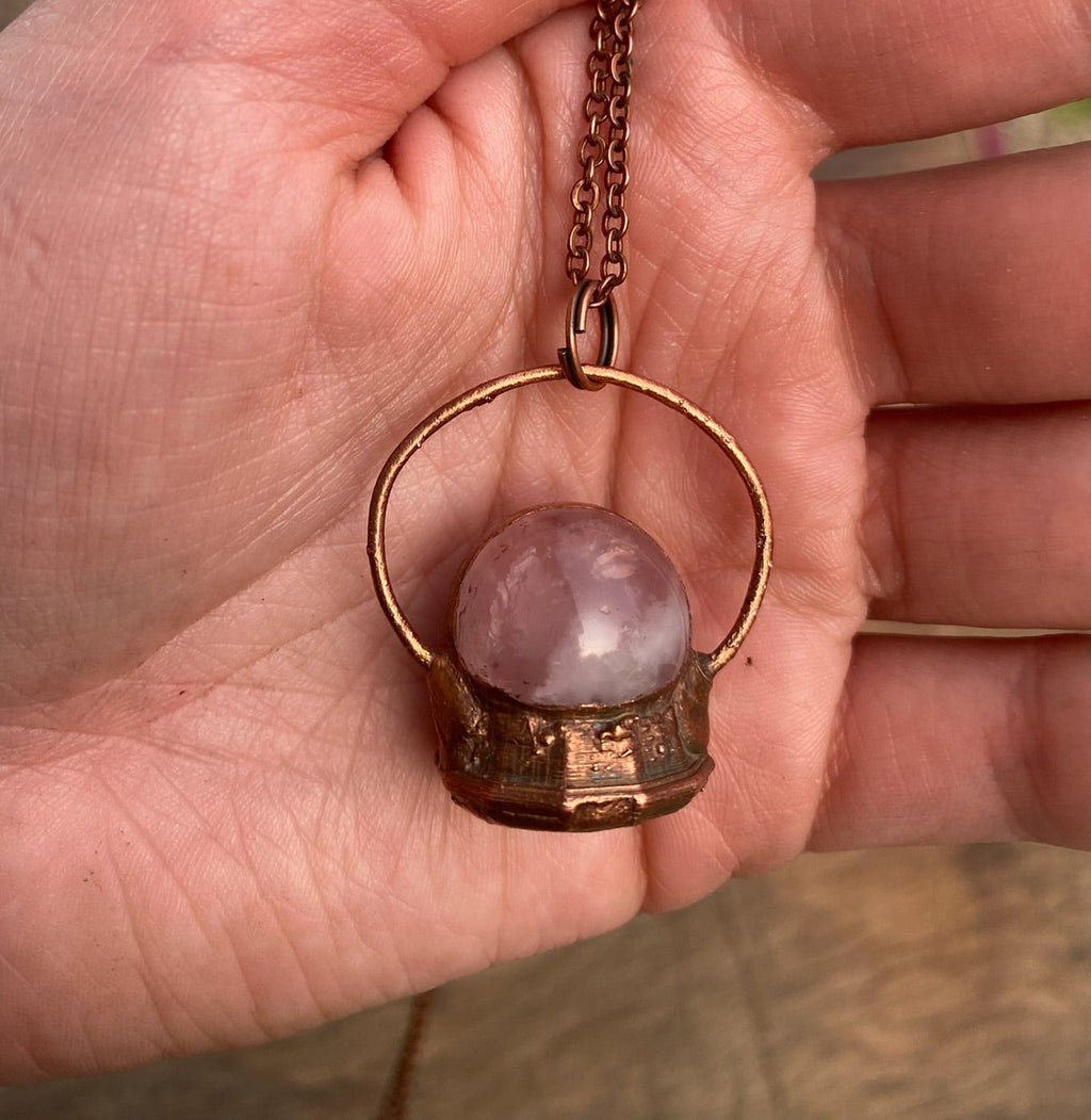 Rose Quartz Crystal Ball Copper Electroformed Necklace