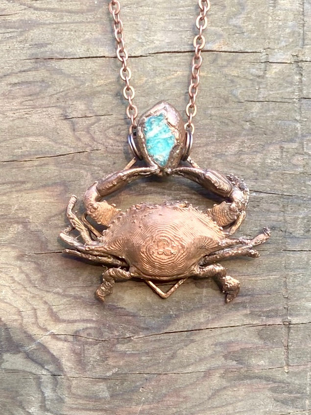 Crab and Aquamarine Copper Electroformed Necklace