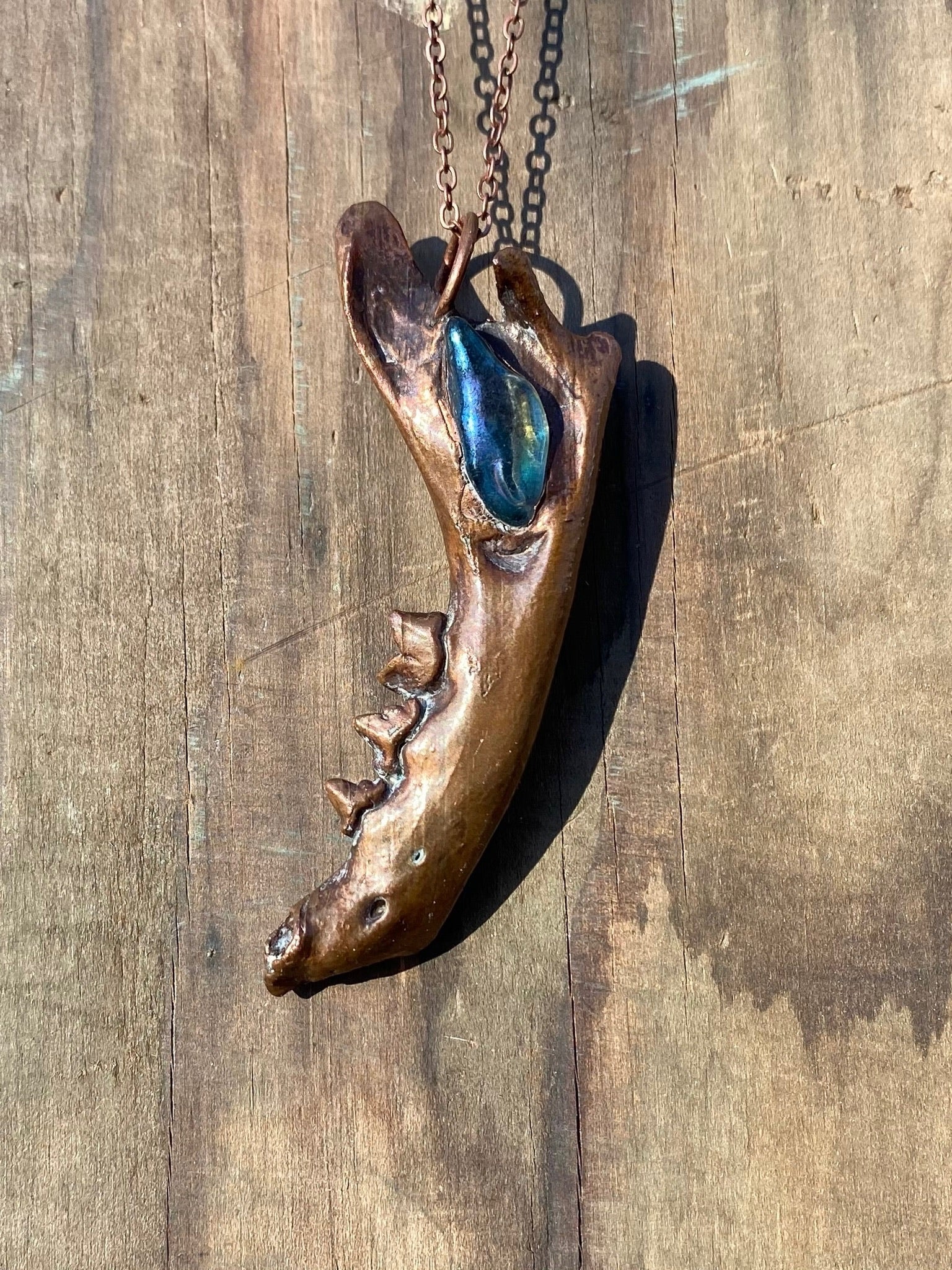 Raccoon Jaw Bone with Aura Quartz Copper Electroformed Necklace
