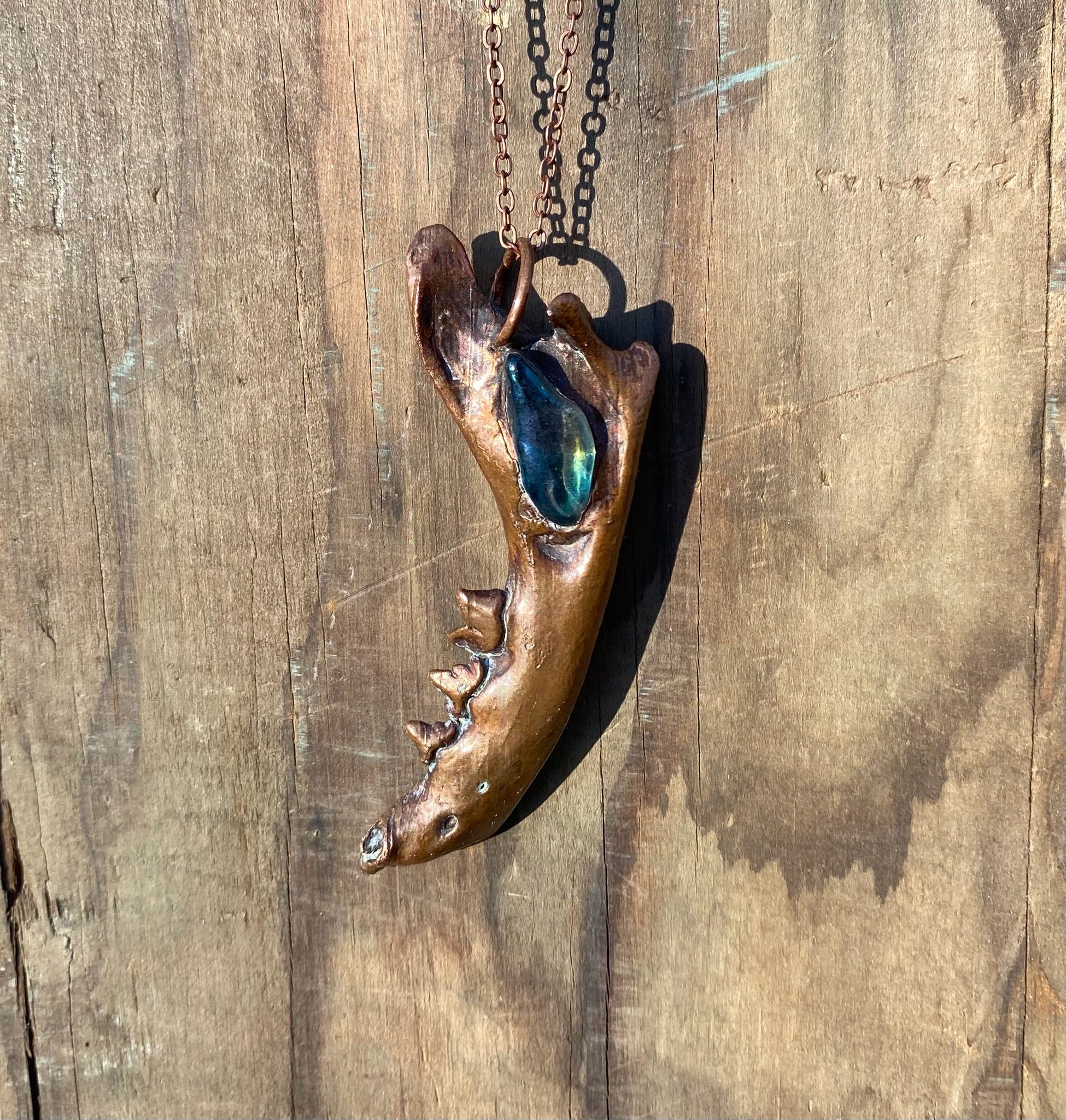 Raccoon Jaw Bone with Aura Quartz Copper Electroformed Necklace