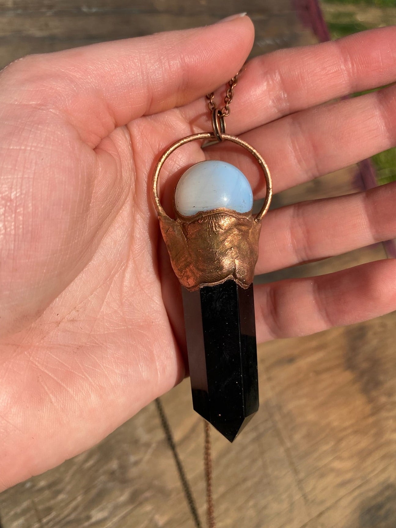 Opalite Crystal Ball and Obsidian Copper Electroformed Necklace