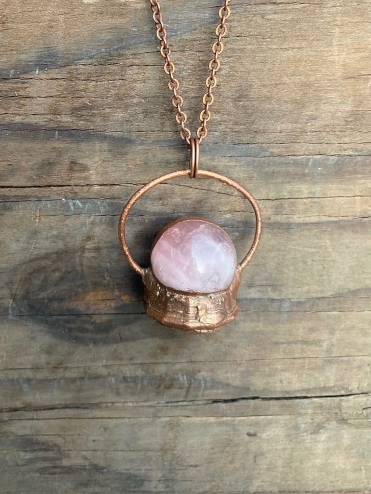 Rose Quartz Crystal Ball Copper Electroformed Necklace