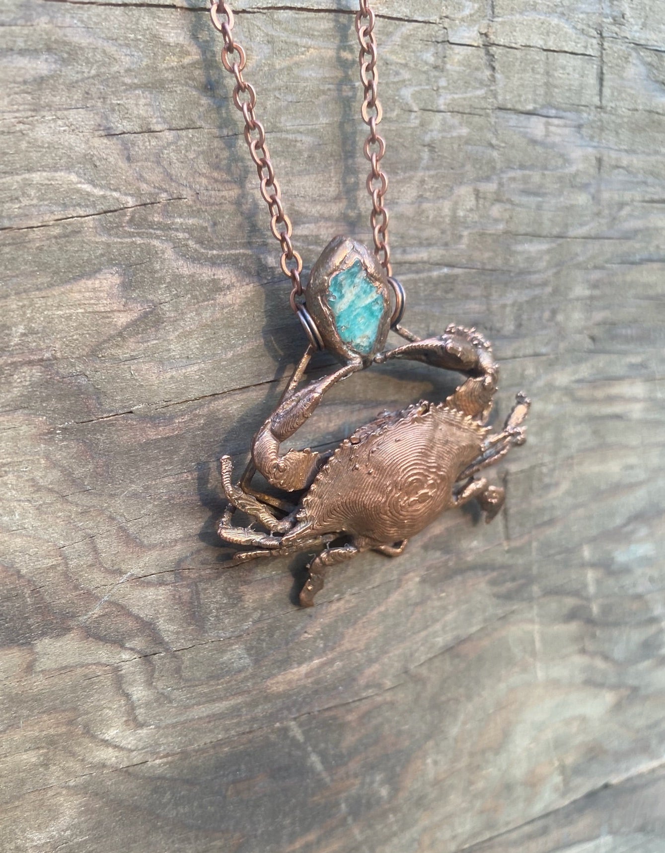 Crab and Aquamarine Copper Electroformed Necklace