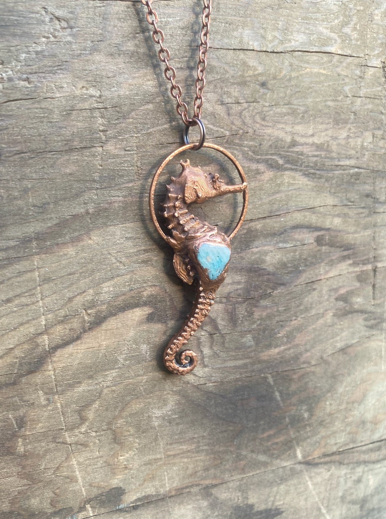 Seahorse and Aquamarine Copper Electroformed Necklace